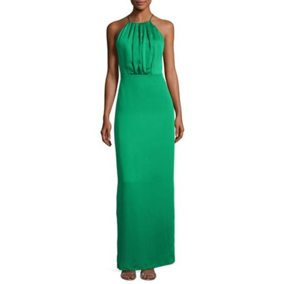 HALSTON HERITAGE Ruched Satin Chiffon Column Gown‎ in Green Sz 8 - Picture 1 of 6